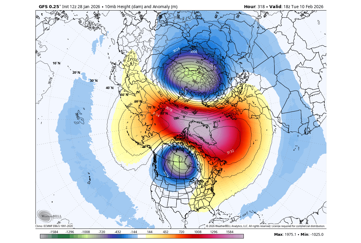 winter-forecast-early-february-stratospheric-warming-10mb-pressure-anomaly-ecmwf-united-states-canada-polar-vortex-split