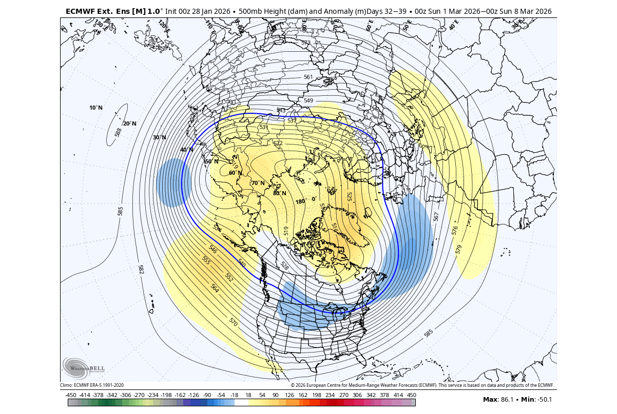 winter-forecast-early-march-500mb-pressure-pattern-ecmwf-united-states-canada-stratospheric-warming-polar-vortex-collapse