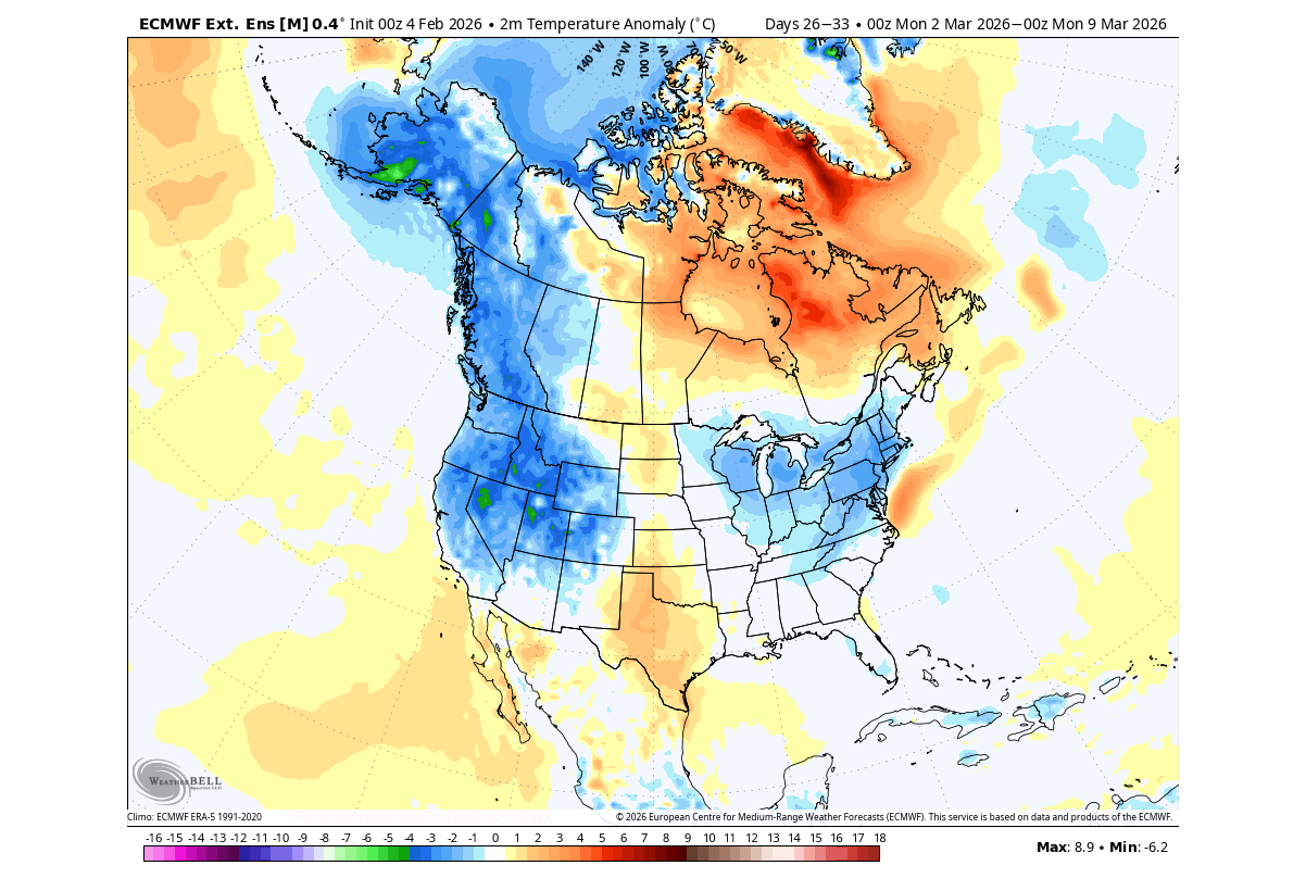 winter-forecast-early-march-temperature-anomaly-united-states-canada-cold-post-stratospheric-warming-effect
