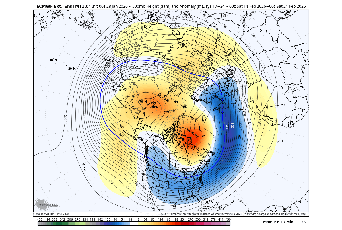 winter-forecast-february-500mb-pressure-pattern-ecmwf-united-states-canada-stratospheric-warming-polar-vortex-collapse
