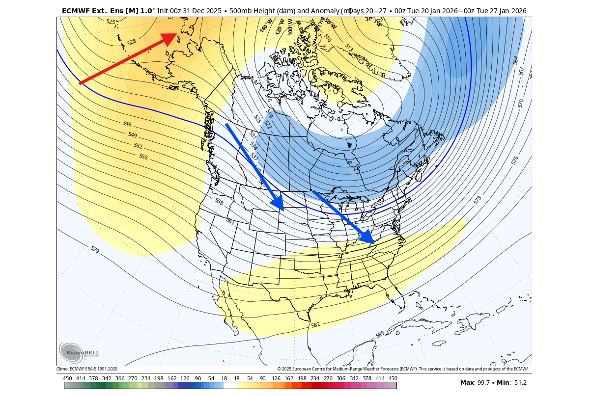 winter-forecast-january-500mb-pressure-pattern-ecmwf-ensemble-united-states-canada-stratospheric-warming-cold-flow