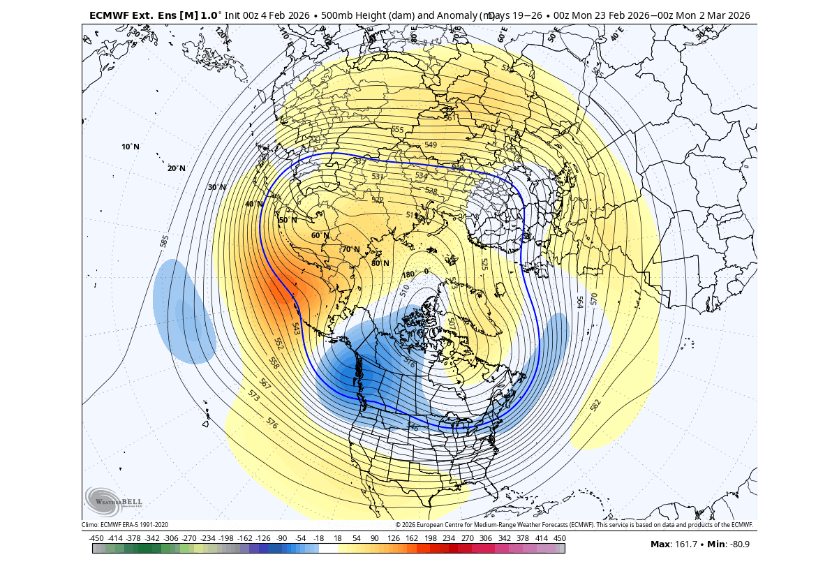 winter-forecast-late-february-early-march-500mb-pressure-pattern-ecmwf-united-states-canada-stratospheric-warming-polar-vortex-collapse