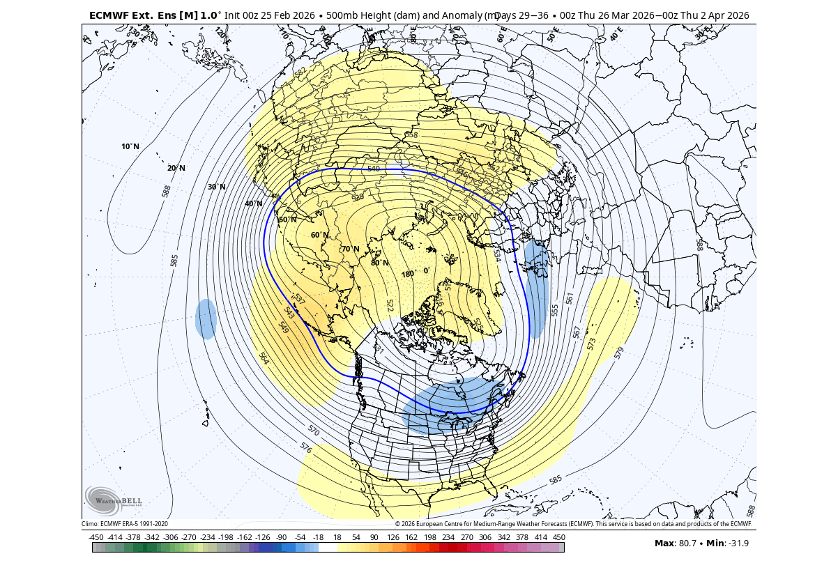 winter-forecast-late-march-500mb-pressure-pattern-ecmwf-united-states-canada-stratospheric-warming-polar-vortex-collapse
