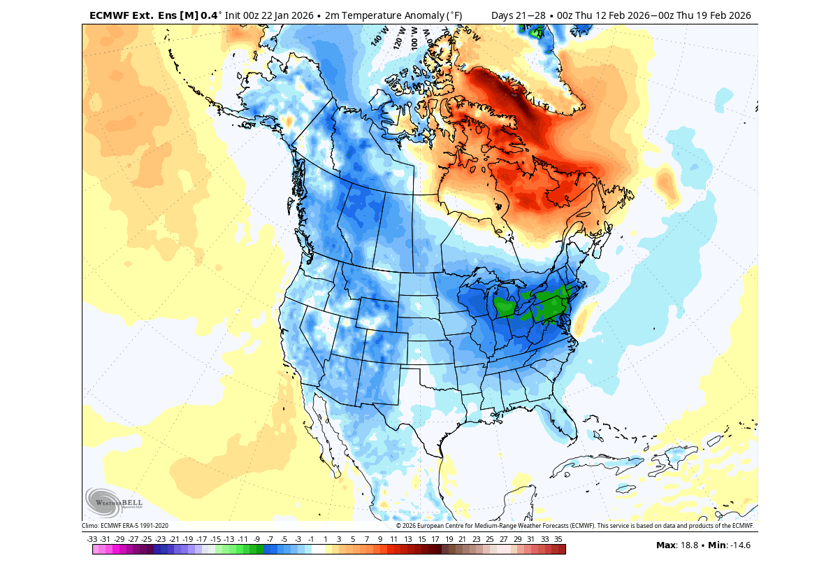 winter-forecast-mid-february-temperature-airmass-anomaly-united-states-canada-cold-polar-vortex-collapse-stratospheric-warming-effect