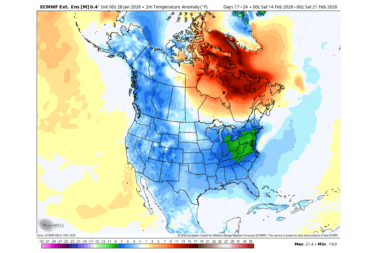 winter-forecast-mid-february-temperature-airmass-anomaly-united-states-canada-cold-polar-vortex-collapse