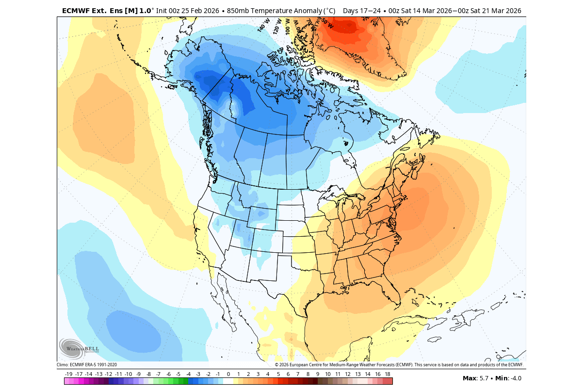 winter-forecast-mid-march-temperature-airmass-anomaly-united-states-canada-cold-polar-vortex-collapse-effect