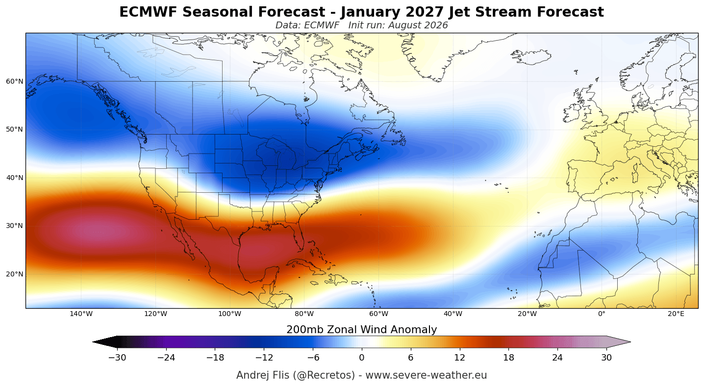 ECMWF 200mb wind speed and jet stream anomaly forecast for January 2027 over the United States and Canada