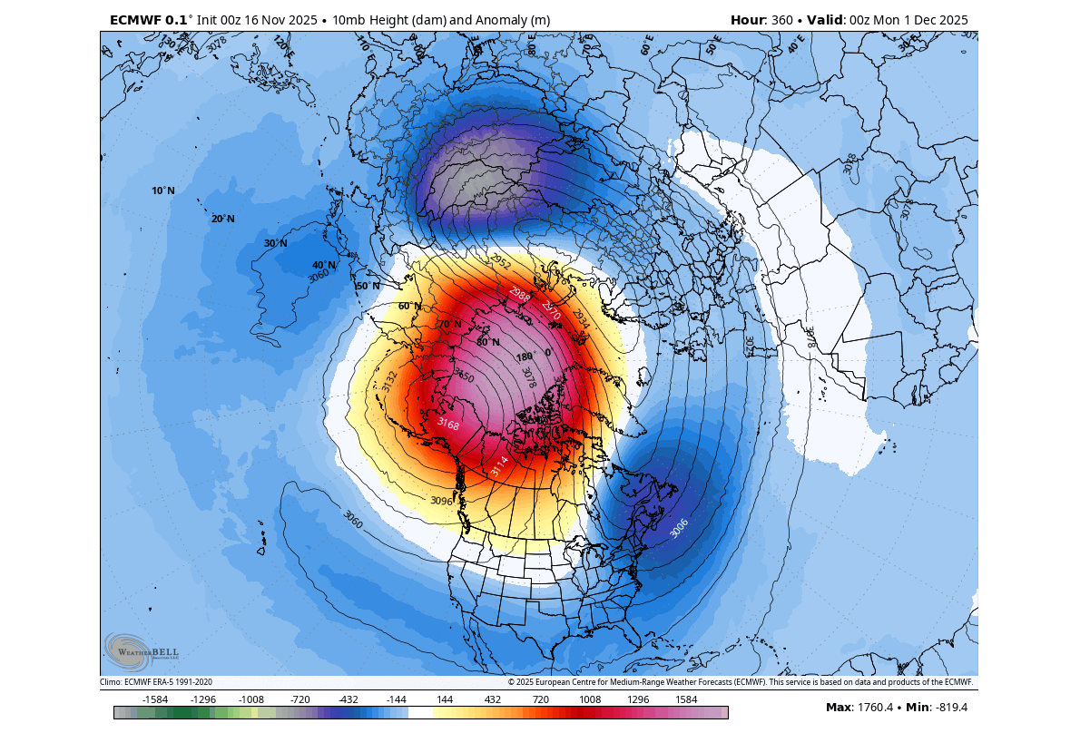 winter-polar-vortex-collapse-usa-canada-forecast-temperature-pressure-10mb-stratospheric-warming-event-november-2025