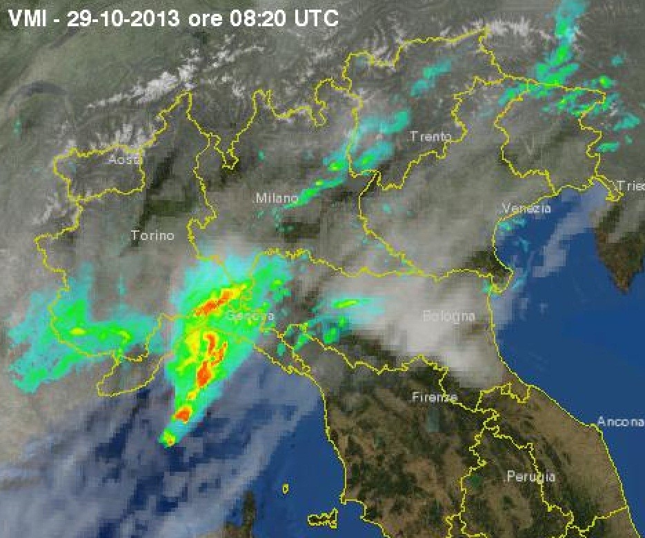A line of severe storms forms in Ligurian sea, N Italy Oct 29, 0900