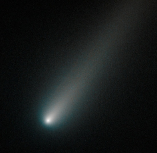 This new NASA/ESA Hubble Space Telescope picture shows C/2012 S1, better known as Comet ISON, a high-profile celestial visitor to the Solar System. Hubble has already snapped this comet twice this year (opo1314a, opo1331a), but for some time it was temporarily blocked from view by the Sun. It was spotted again in August 2013, and this new image shows the comet as it appeared in our skies in early October. ISON will be brightest in our skies in late November, just before and after it hurtles past the Sun. As it gets brighter, it may even become visible as a naked eye object, before it fades throughout December â the month of its closest approach to Earth. Depending on its fate as it passes close to the Sun, it could become spectacular or, on the contrary, it could completely disintegrate. Many observatories, as well as several ESA and NASA missions, aim to observe this icy visitor over the coming months. In this Hubble image, taken on 9 October 2013, the comet\'s solid nucleus is unresolved because it is so small. If it had broken apart â a possibility as the Sun slowly warms it up during its approach â Hubble would have likely seen evidence for multiple fragments instead. Links  NASA release Hubble Heritage release ISONblog, an online source offering analysis of Comet ISON by Hubble Space Telescope astronomers and staff at the Space Telescope Science Institute in Baltimore, USA.