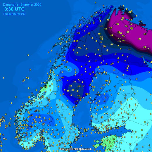 An extreme 40+ degrees temperature difference over Scandinavia around