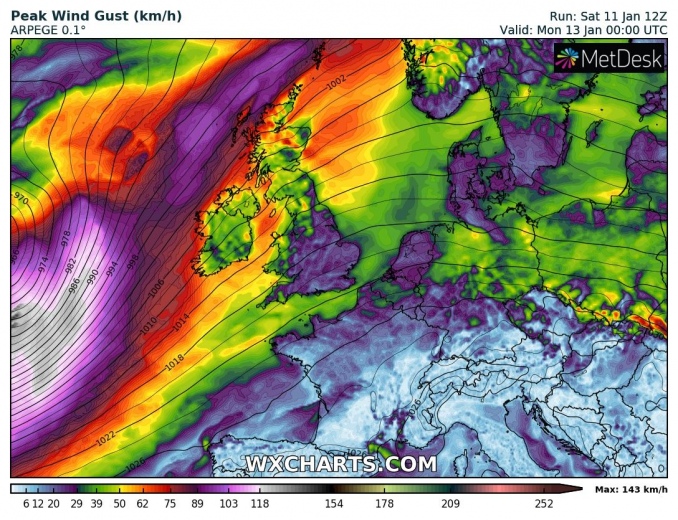 A violent windstorm pushes into Ireland and Scotland through Monday as