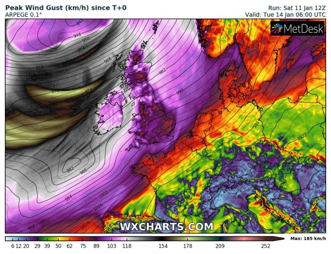 A violent windstorm pushes into Ireland and Scotland through Monday as