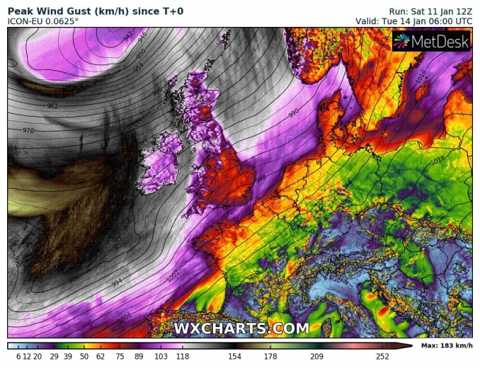 A violent windstorm pushes into Ireland and Scotland through Monday as