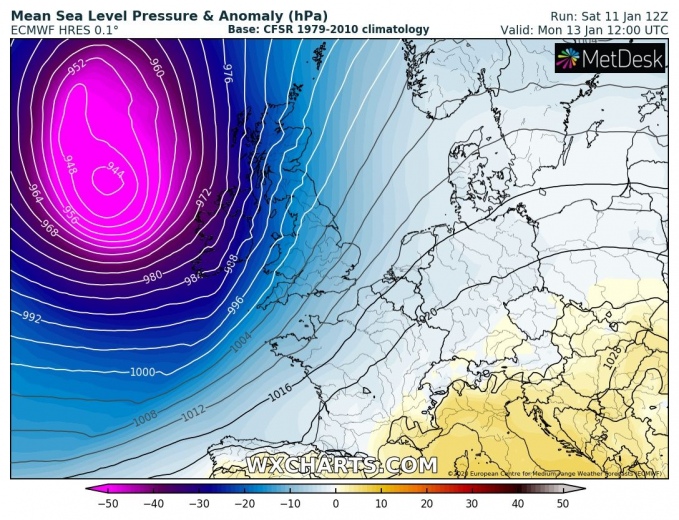 A violent windstorm pushes into Ireland and Scotland through Monday as