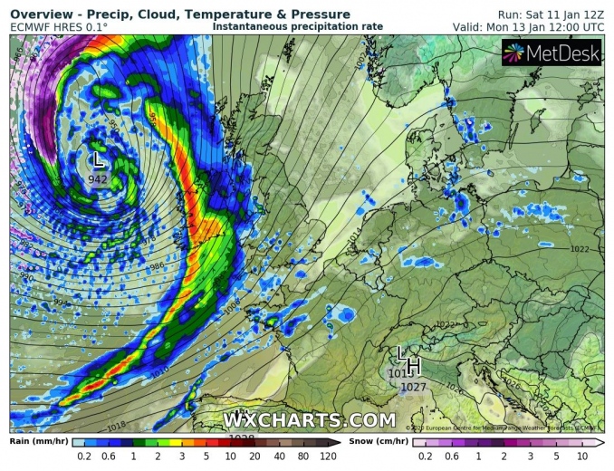 A violent windstorm pushes into Ireland and Scotland through Monday as