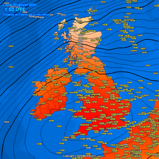 Atmospheric pressure peaked at 1050.5 mbar in Mumbles Head, Wales early