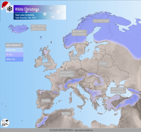 Christmas day snow cover across Europe probability of snow coverage
