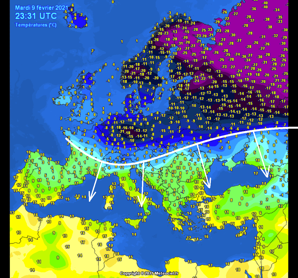 Cold wave under the breakoff lobe of Polar Vortex heads further south