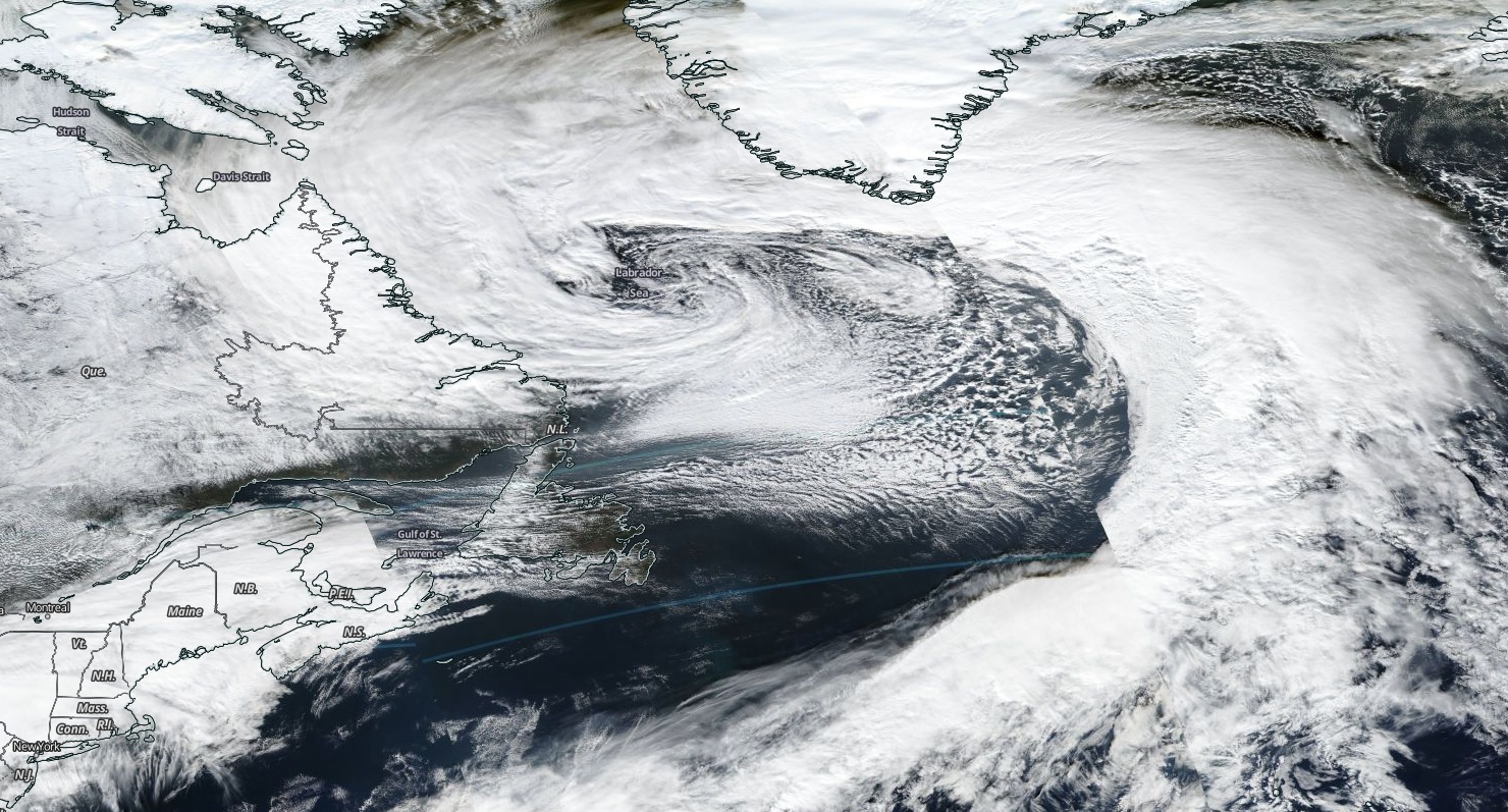 A large cyclone formed over the Labrador sea and will travel south of