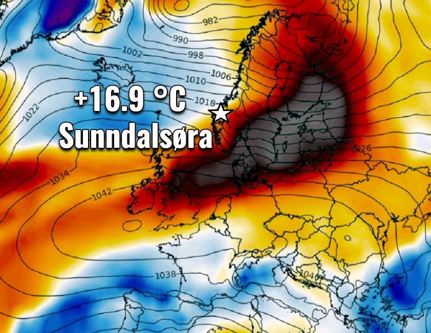 Another very warm day in Norway Sunndalsøra hit +16.9 °C today. Very
