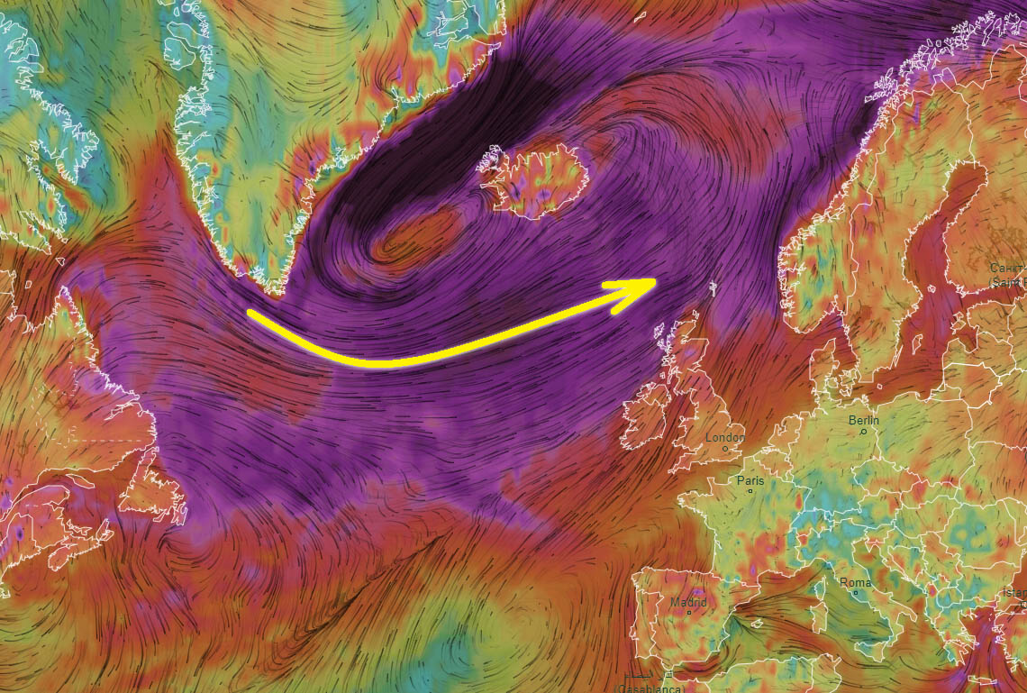 Another very large cyclone will dominate North Atlantic on Monday, pushing broad severe winds