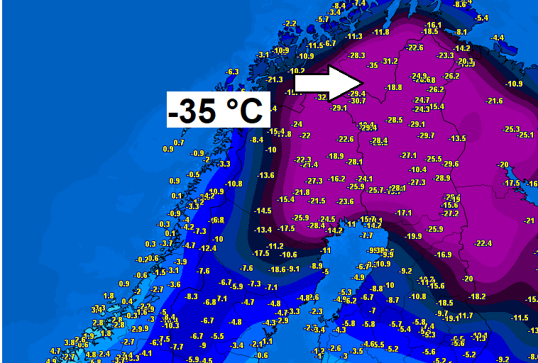 Around 35 °C across Lapland (northern Finland, Norway, Sweden) this