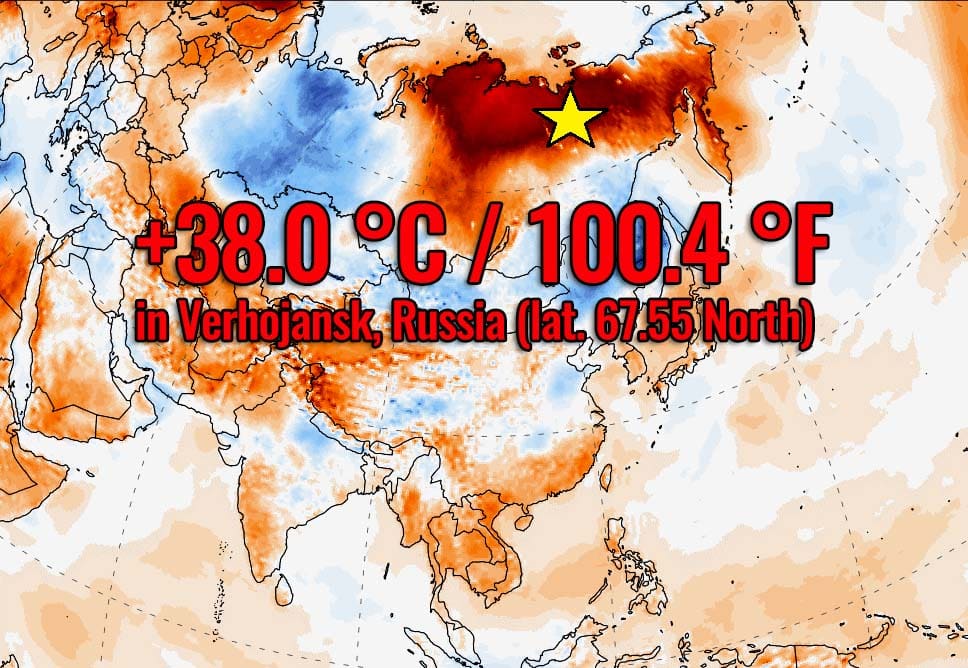 Siberia heatwave Verhojansk, Russia hits +38.0 °C = 100.4 °F