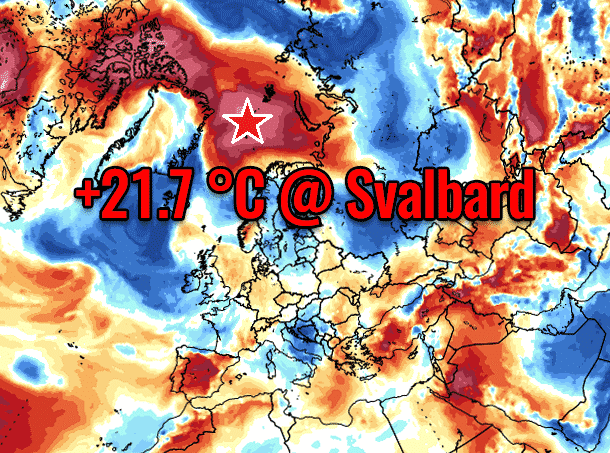 Varmerekord på Svalbard (NO) når nesten +22°C ved 78°N