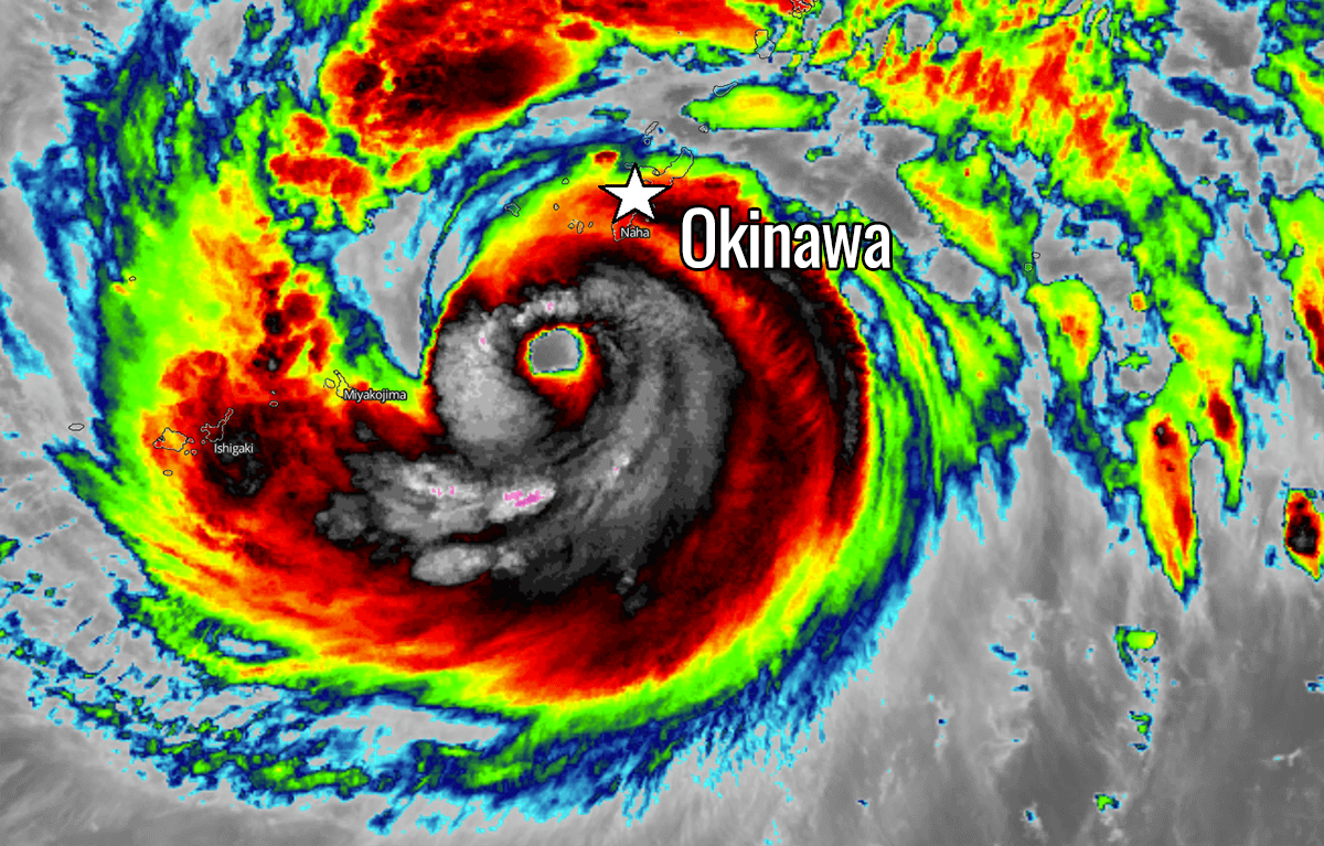 Powerful and extremely dangerous typhoon Maysak near Kumejima, Japan