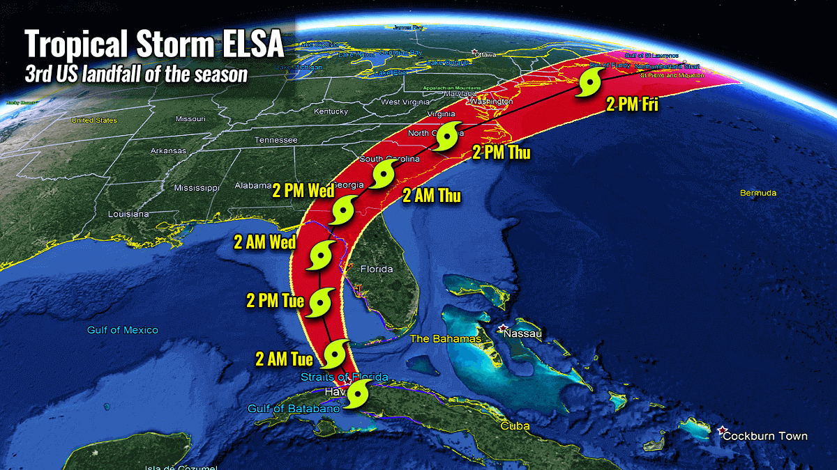 Tropical Storm Elsa now heads for a dangerous landfall in Florida on Wednesday this week - the