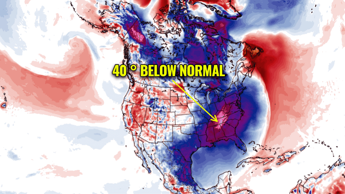 Record Cold with 40 °F below normal Temperatures to impact Southeast U.S. on Sunday, some areas even colder than Alaska
