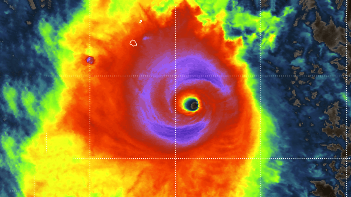 Infrared satellite image showing Category 5 Hurricane Polo exhibiting a violent pinhole eye off the southwestern coast of Mexico.