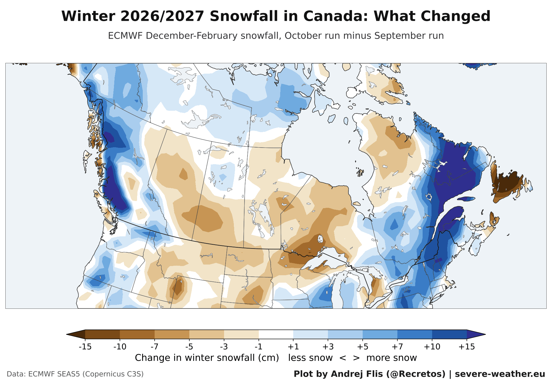 ECMWF change in the winter 2026/2027 snowfall forecast for Canada, with more snow in Quebec than the September run