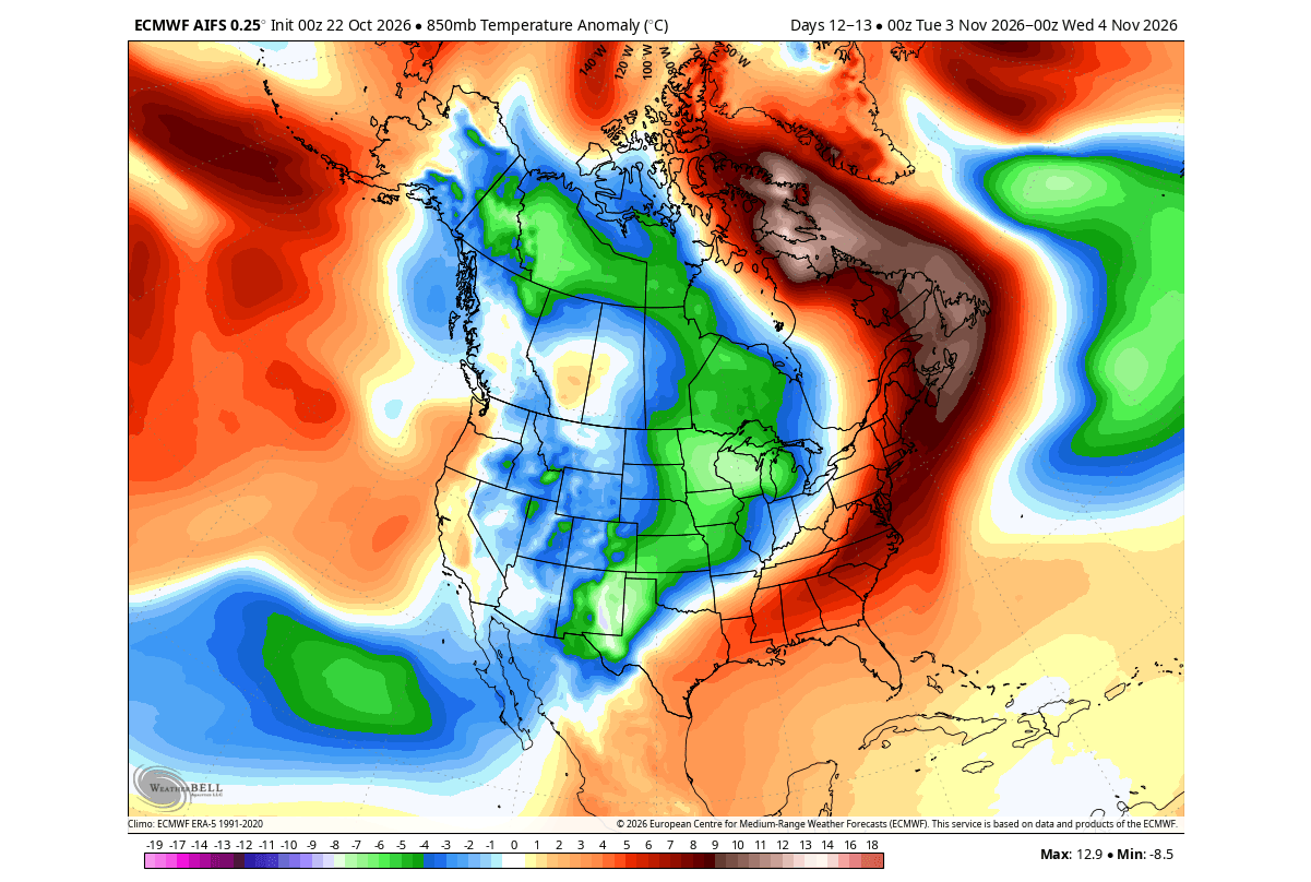 ECMWF 850mb temperature forecast for late October over the North America, with a cold core bringing a cold wave across the United States