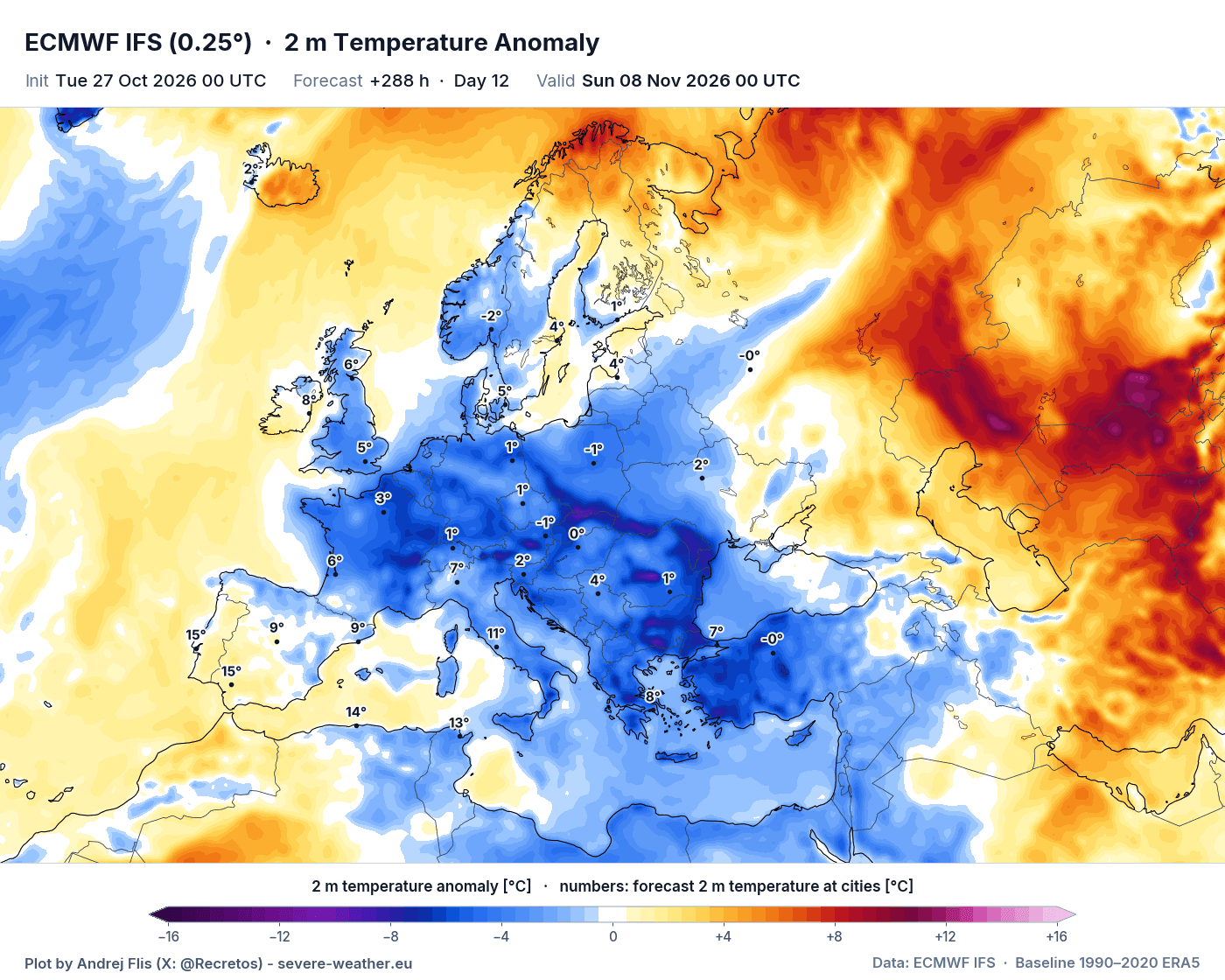 ECMWF forecast for November 8, with below-normal temperatures across western, central and southern Europe