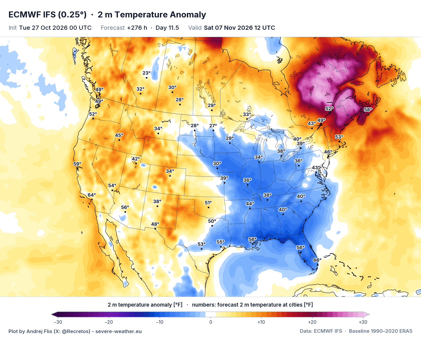 ECMWF forecast for November 7, colder than normal in the central and eastern United States and very mild in eastern Canada