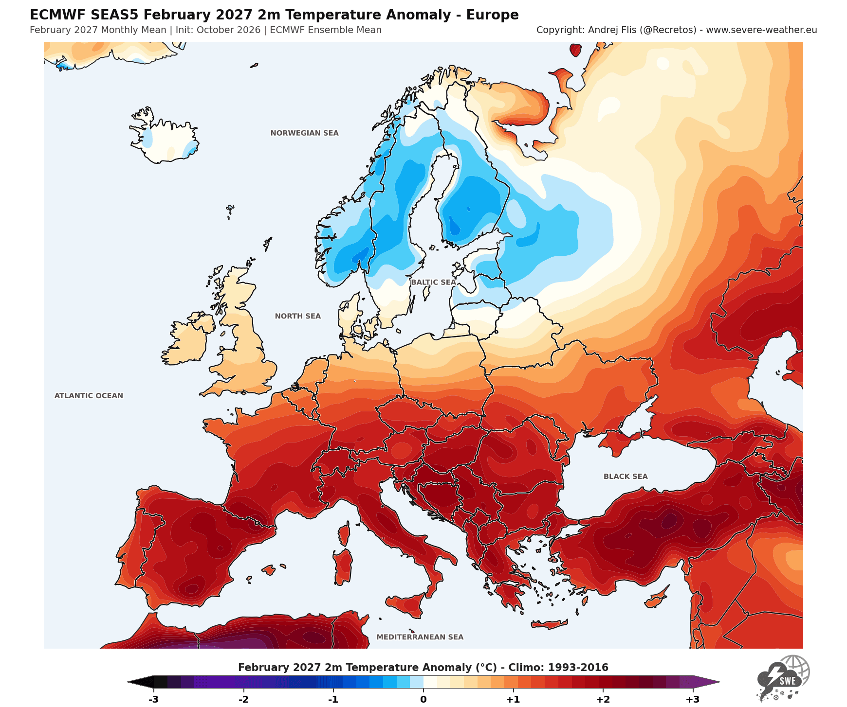 ECMWF February 2027 temperature forecast for Europe, mild across most of the continent and colder in Scandinavia