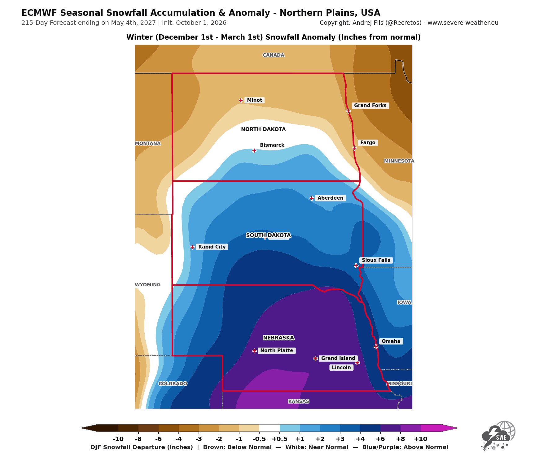 ECMWF map of winter 2026/2027 snowfall departure from normal for the Northern Plains in the United States