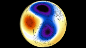A stratosphere 10mb level geopotential height forecast, showing a splot core of the Polar Vortex, with one core pushed into North America, unusually early in the season