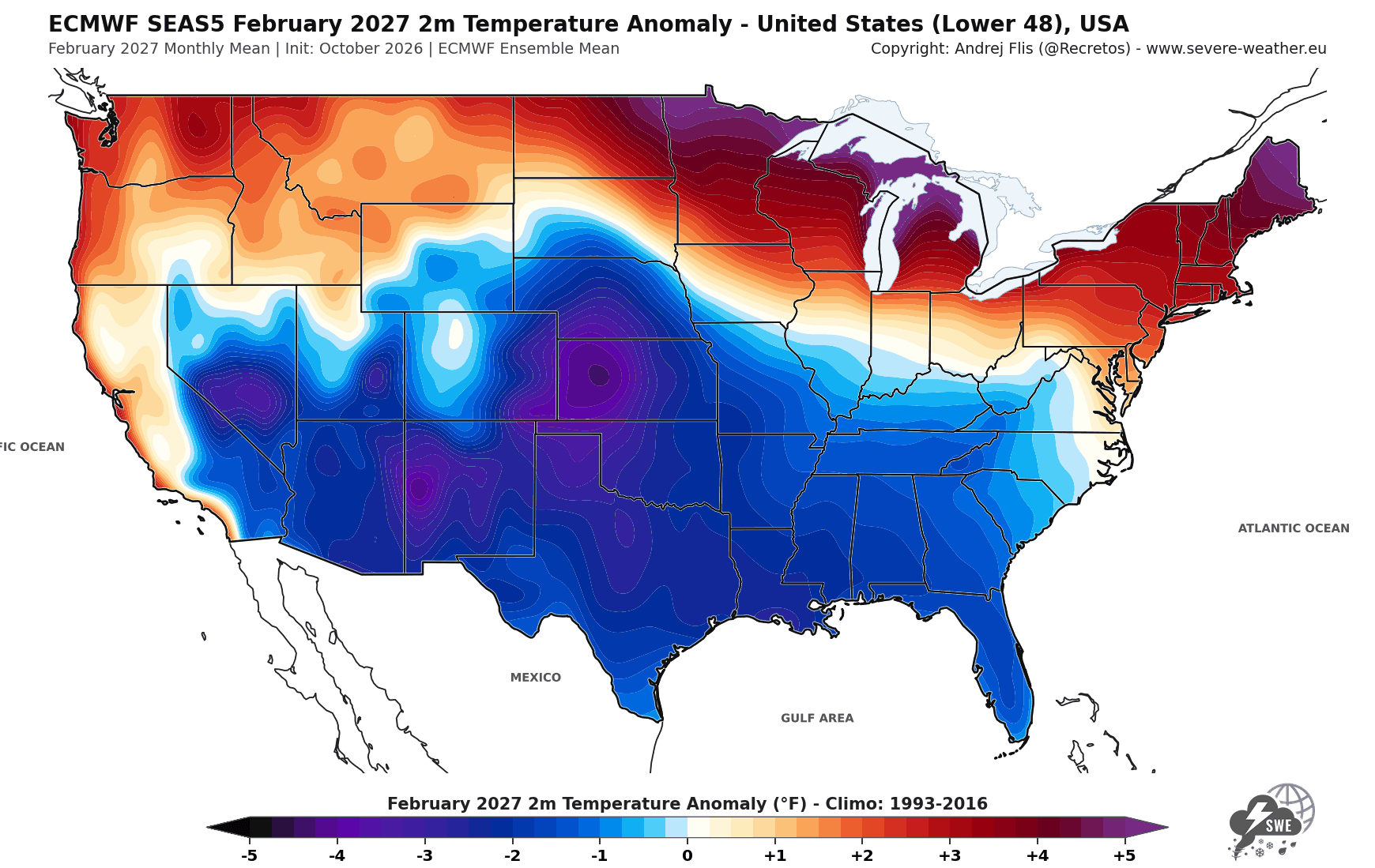 ECMWF February 2027 temperature forecast for the United States, colder in the south and central states and mild in the north
