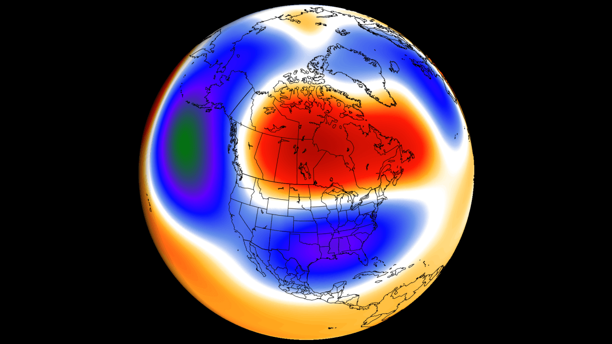 Winter 2026/2027 forecast maps showing latest pressure anomaly pattern and low-pressure zone for the United States and high-pressure over Canada