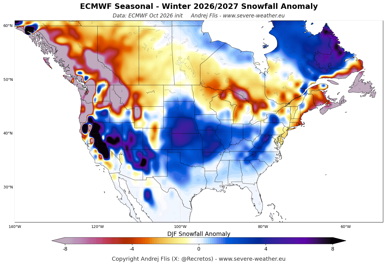 ECMWF winter 2026/2027 snowfall anomaly forecast for the United States and Canada during the Super El Niño