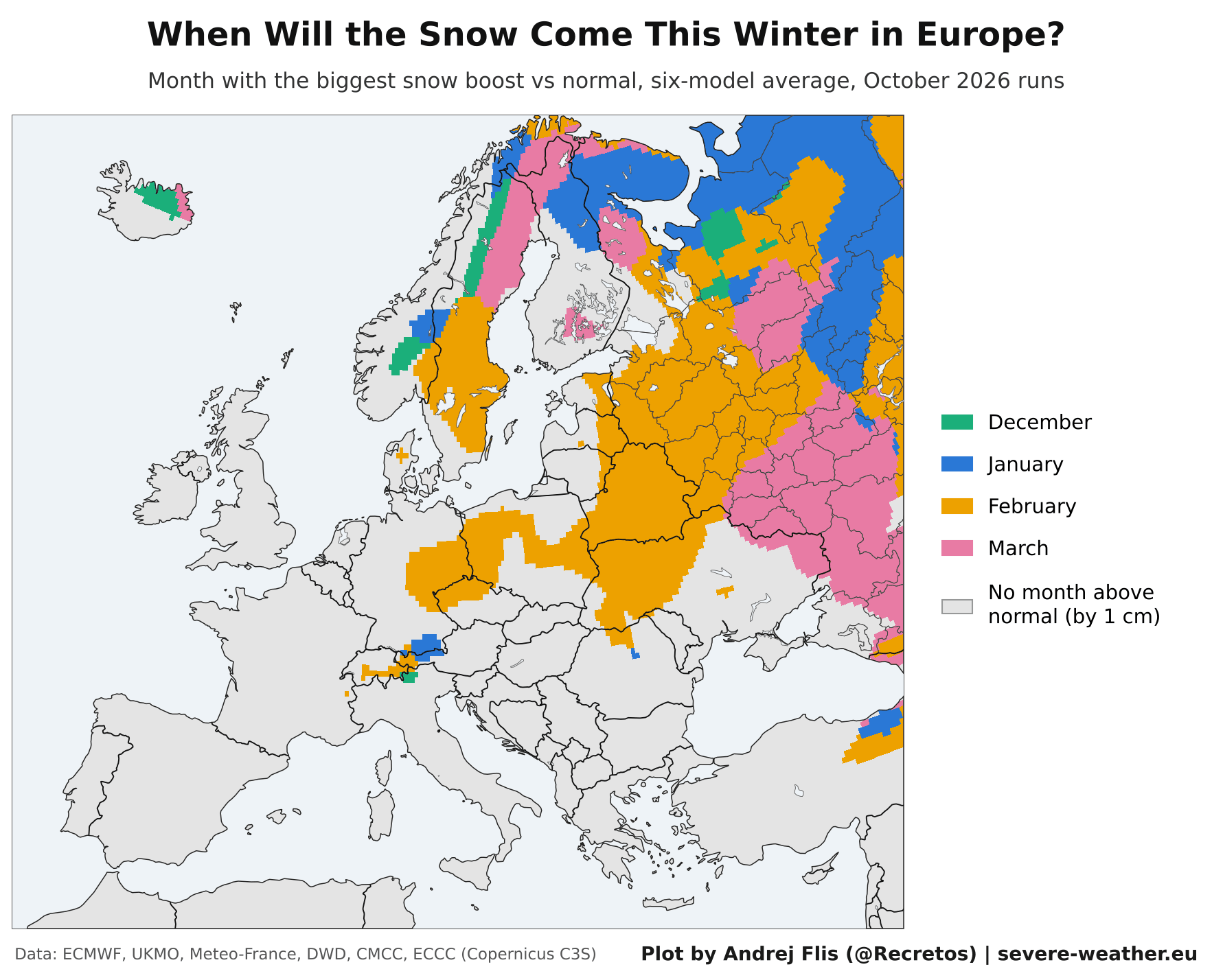 Map of the month with the most snow above normal in winter 2026/2027 across Europe, with February leading in the east