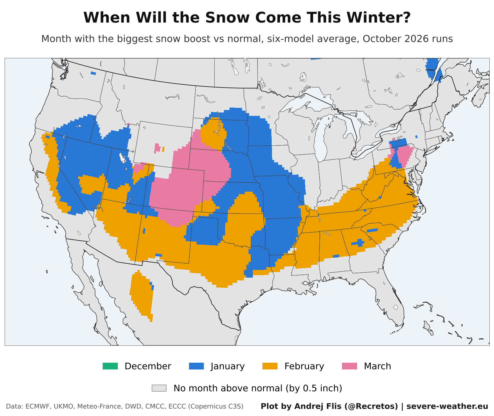 Map of the month with the most snow above normal in winter 2026/2027 across the United States and Canada