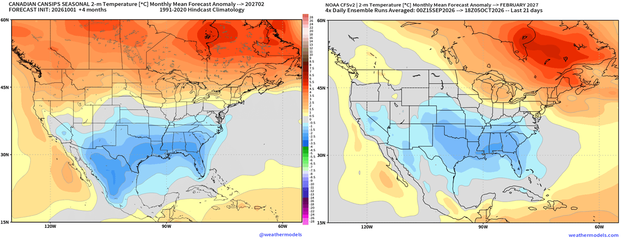 CFSv2 and CanSIPS February 2027 temperature anomaly forecast, colder across the central, southern and eastern United States