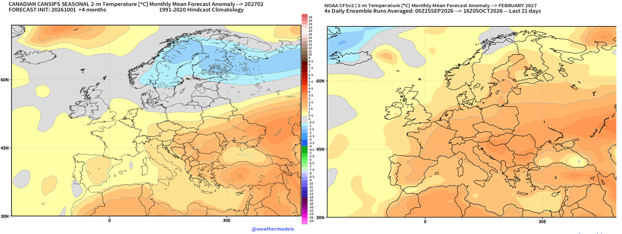 CFSv2 and CanSIPS February 2027 temperature anomaly forecast for Europe, mild under a westerly pattern