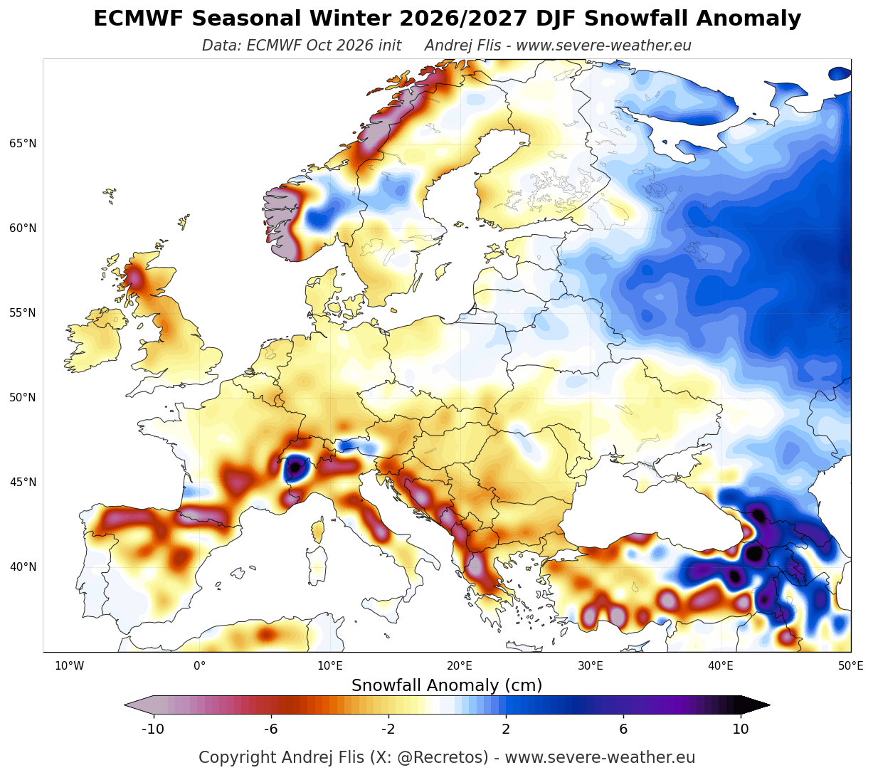ECMWF winter 2026/2027 snowfall anomaly forecast for Europe, with less snow for most areas except the north and Alps