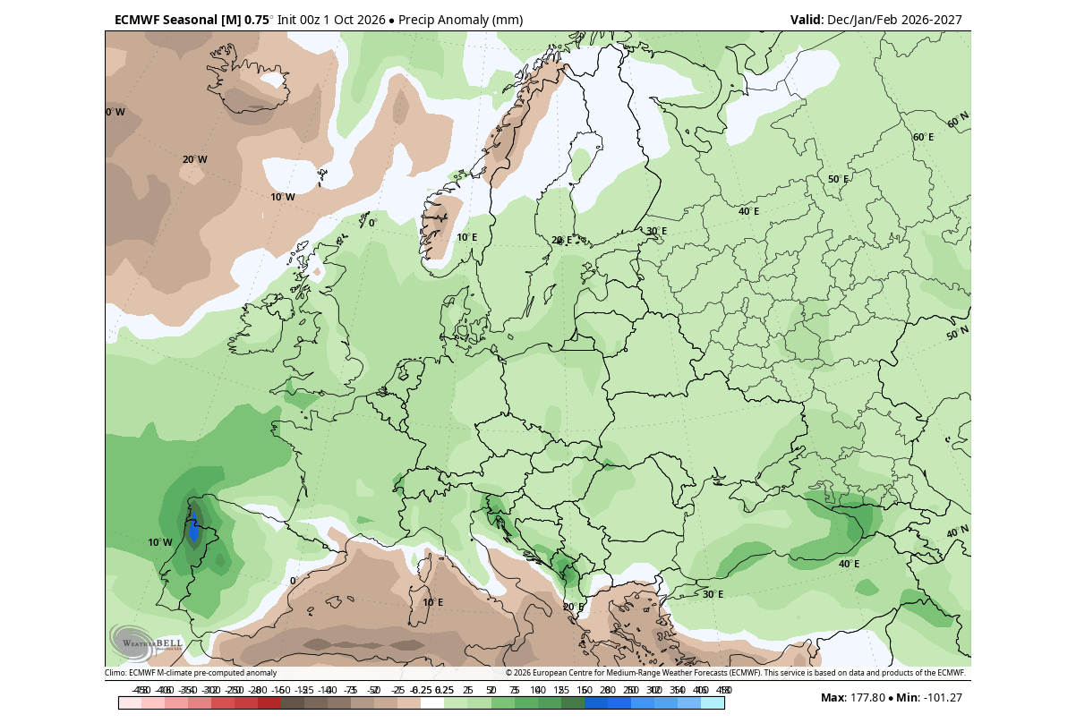 ECMWF winter 2026/2027 precipitation anomaly forecast for Europe, with a wetter pattern across much of the continent