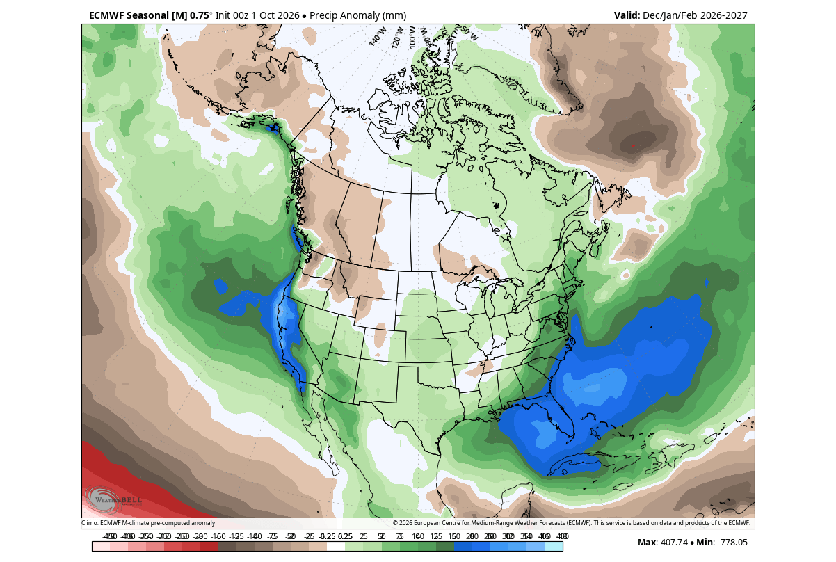 ECMWF winter 2026/2027 precipitation anomaly forecast for the United States and Canada, wetter across the south